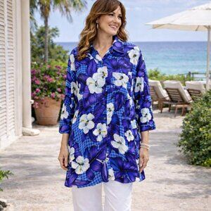Dana Buchman Silk Blouse Hibiscus Floral Tropical Hawaiian Blue Vintage